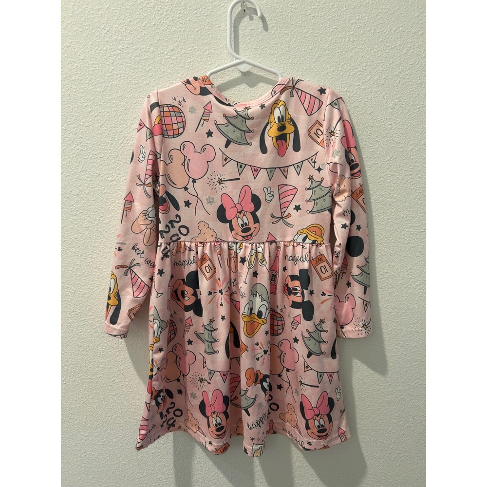 Disney Mickey Minnie Pluto New Years Eve Pink Long Sleeve Dress Toddler Girls 4T - Picture 6 of 6